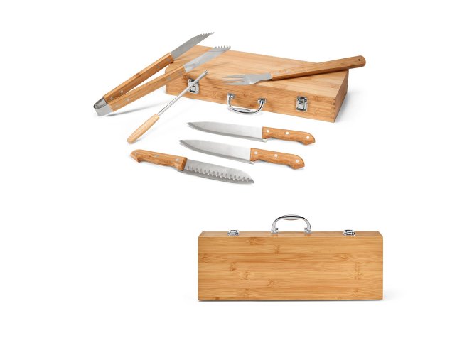 Bottura. Kit Churrasco Em Estojo De Bambu Com 6 Peças Em Aço Inox E Bambu