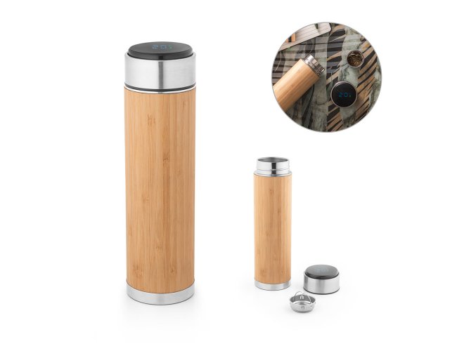 Joshua. Squeeze Térmico Em Aço Inox Reciclado E Bambu Com Termómetro Digital 430 Ml