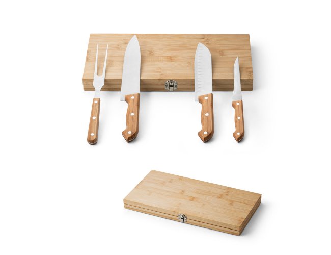 Koerper. Kit Churrasco Em Caixa Bamvu Com 4 Utensílios Em Aço Inox E Bambu