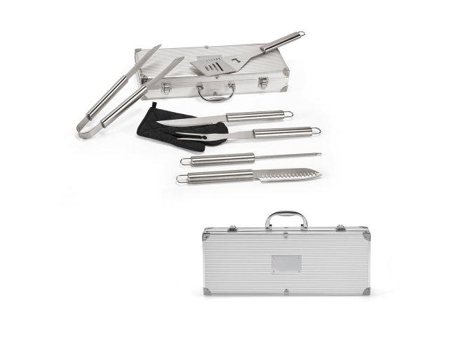 Mace. Kit Churrasco Em Estojo De Alumínio Com Luva De Cozinha Em Poliéster E 6 Utensílios Em Aço Inox