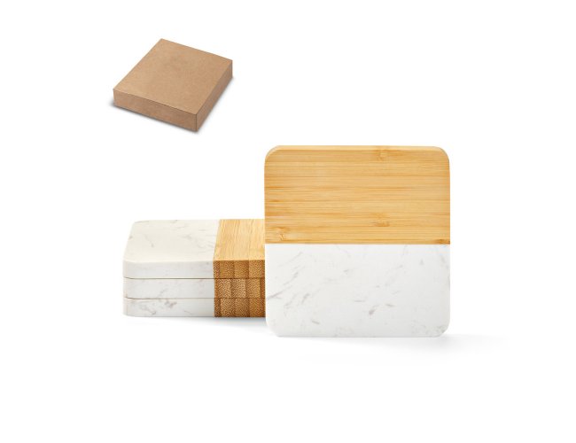 Marboo Cup. Conjunto De 4 Porta Copos Em Mármore E Bambu