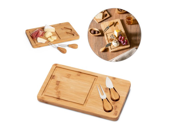 Woods. Tábua De Queijos Em Bambu Com 2 Utensílios Em Bambu E Aço Inox